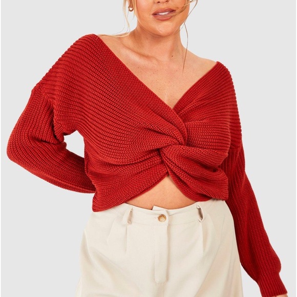 NEW•16•Minimalist Brick Red Twist Reversible Sweater - Picture 7 of 13